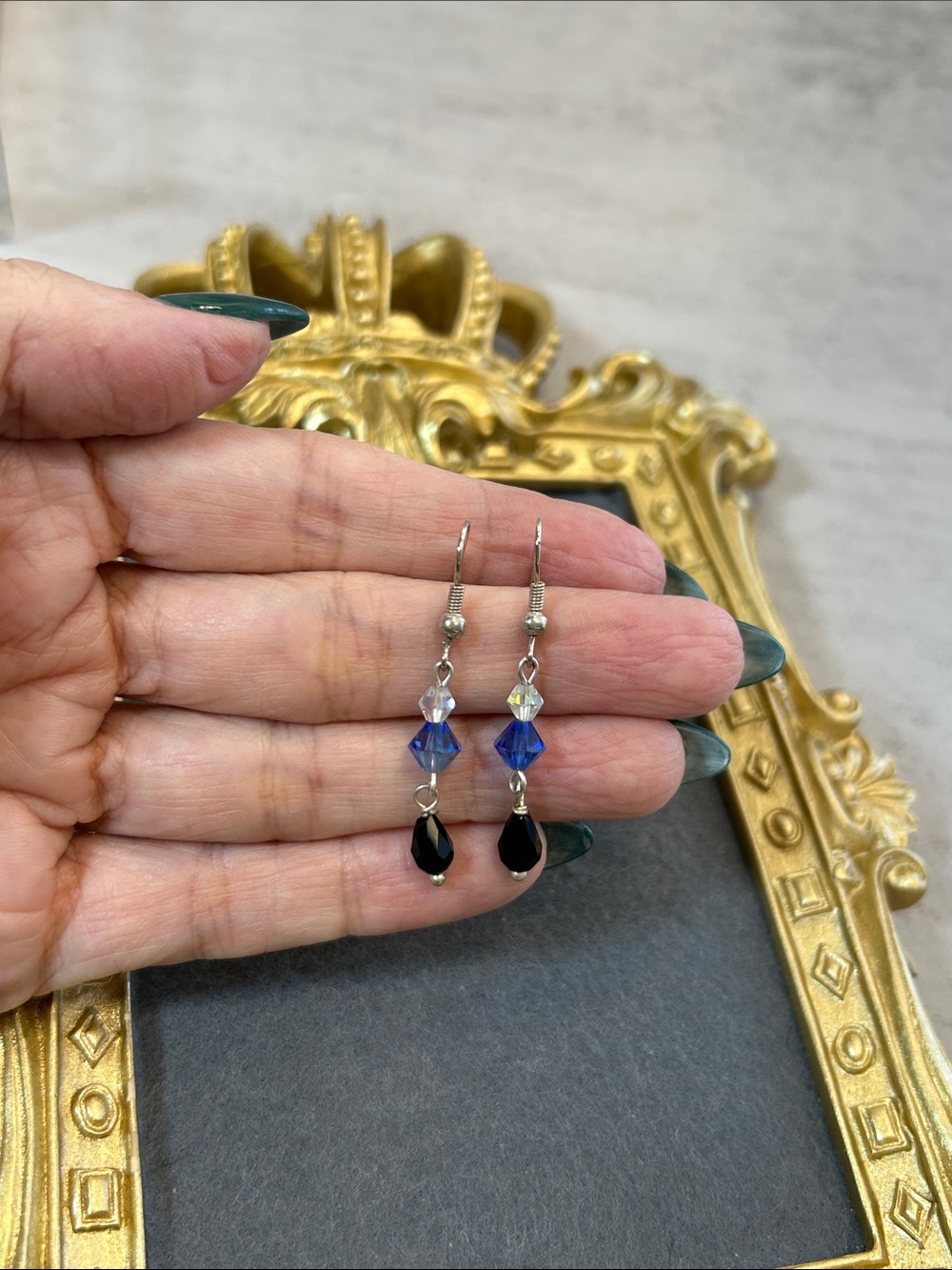Handcrafted Black Crystal Drop Earrings with Blue Accents